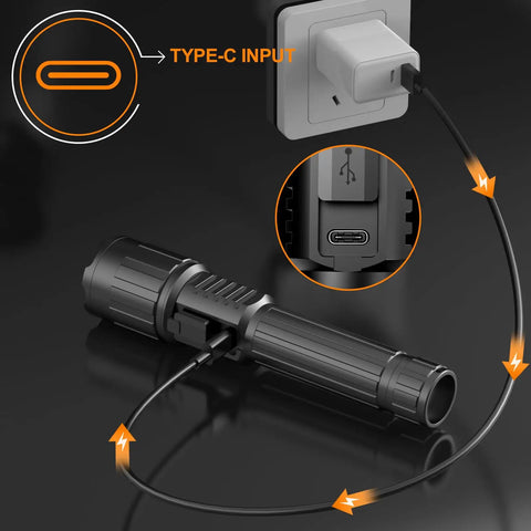 Beast Mode Bright 20000 Lumens Rechargeable LED Flashlight With USB C Power charging via Type-C cable