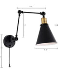 Two Light Dimmable Industrial Wall Sconce With On Off Switch Edison Vintage Style Swing Arm Lamp dimensions illustration.