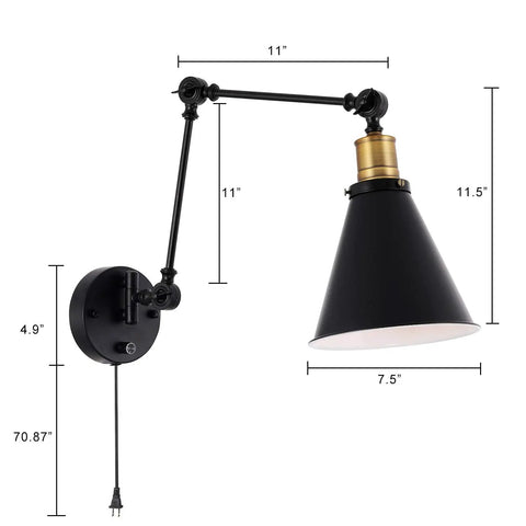 Two Light Dimmable Industrial Wall Sconce With On Off Switch Edison Vintage Style Swing Arm Lamp dimensions illustration.