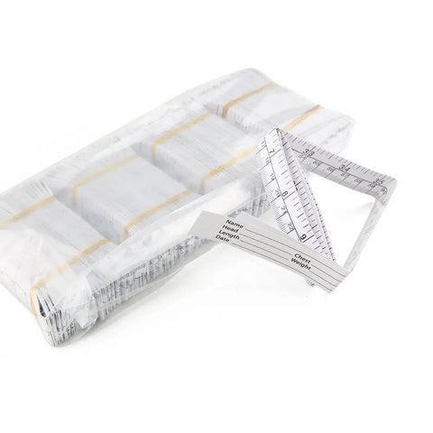 Disposable Paper Tape Measure for Medical Use 40 Inch by Three Quarter Inch Write On Tape for Recording Patient Info Baby Head Circumference Ruler Eco Friendly Coated Paper Pack of 100 showing packaging and unfolded tape