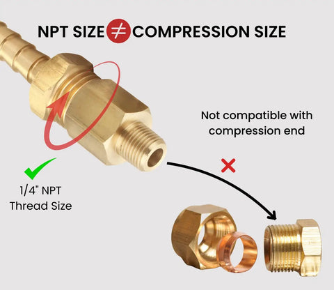 One Eighth Inch NPT Male To One Quarter Inch NPT Female Pipe Adapter with Non-Compatible Compression Fitting Warning