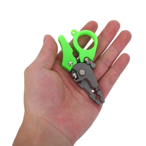 Heavy Duty Mini Wire Stripper And Cutter Pliers in a hand, compact green handle, ideal for tight electrical jobs.