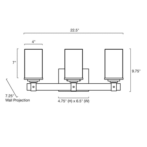Technical drawing of 3-Light Farmhouse Vanity Light, 23 Inches, Black Textured Finish With Seeded Glass Shades And Walnut Wood Bar.