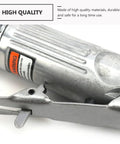 Professional Grade Kick Ass Pneumatic Air Die Grinder Spinning Wild At Twenty Five Thousand RPM For Slick Polish Heavy Metal Wood Tire Wall Projects, close-up of the silver body and trigger mechanism.
