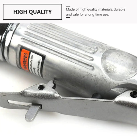 Professional Grade Kick Ass Pneumatic Air Die Grinder Spinning Wild At Twenty Five Thousand RPM For Slick Polish Heavy Metal Wood Tire Wall Projects, close-up of the silver body and trigger mechanism.