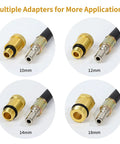 Set of four automotive compression tester adapters with 10mm, 12mm, 14mm, and 18mm brass fittings and black hose.
