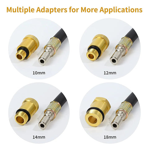 Set of four automotive compression tester adapters with 10mm, 12mm, 14mm, and 18mm brass fittings and black hose.