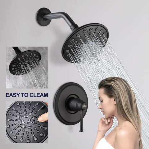 Matte Black Shower Faucet With Tub Spout 6 Spray Shower Head System Single Handle Trim Kit With Rough In Valve in use