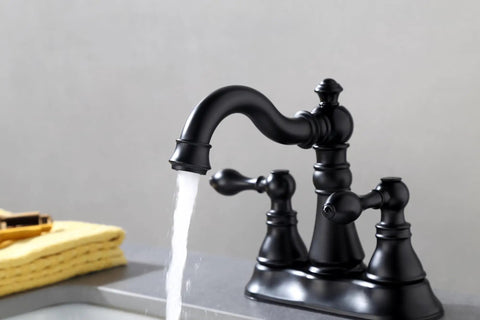 Two Handle Matte Black Bathroom Faucet With Pop Up Drain For 3 Hole 4 Inch Centerset Sinks, 360 Degree Swivel Spout