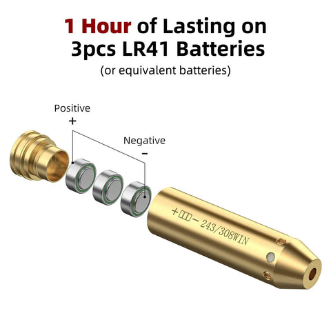 Bore Sight Laser For 243 And 308 Caliber Rifles, Red Dot Sighting Tool showing battery installation for extended sessions.