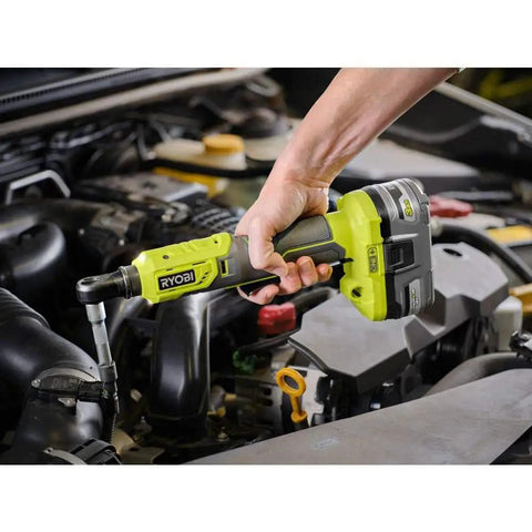 Cordless 18V Three Eighths Inch Drive Ratchet Tool With Four Position Settings Lightweight Ergonomic Handheld Design in use