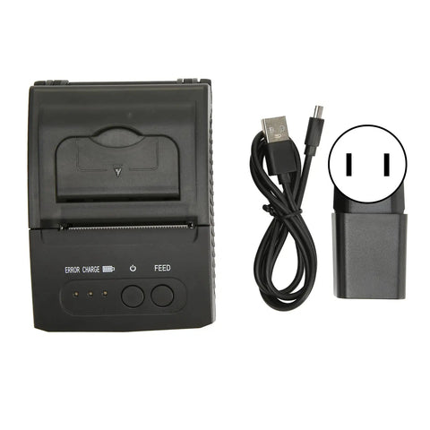 Thermal Label Printer Bluetooth Shipping Label Maker 58mm Wide 90mm Per Second Print Speed Dope Wireless Printing From Android Or iOS Phones And Tablets Auto Sleep Wake Built Tough For Home Office And Small Biz shown with USB cable and adapter.