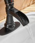 Oil Rubbed Bronze Waterfall Bathroom Sink Faucet With Single Handle 1 Hole Mount No Fuss Easy Install Pop Up Drain Assembly And Durable Supply Hose Farmhouse Vanity Bath Faucet with water flowing in sink.