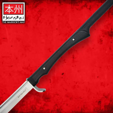 Naginata Japanese Polearm Sword With Sheath Satin Finished 18 Inch 7Cr13 Stainless Steel Blade close-up on nylon handle
