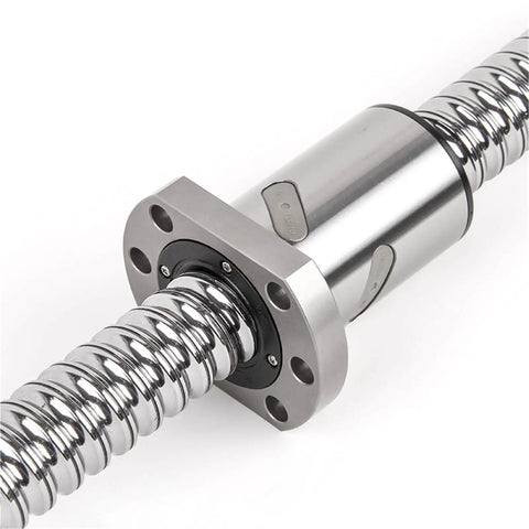 Close-up of SFU3210 Ballscrew With Ball Nut End Machined For CNC Linear Motion in heat-treated steel, showcasing durable construction