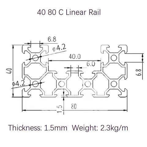 Technical drawing of C Channel U Type 4080 Aluminum Linear Rail 39.37 Inch 1000 mm Extrusion Profile Anodized Black Guide Frame.