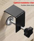 4 Piece C Clamp Set For Woodworking And Cabinet Installations, close-up of drawer front installation clamp on wooden surface