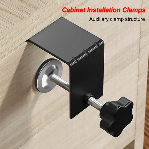 4 Piece C Clamp Set For Woodworking And Cabinet Installations, close-up of drawer front installation clamp on wooden surface
