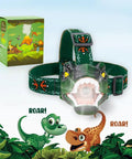 Totally Rad LED Dinosaur Headlamp For Kids With Roar Sound And 3 Lighting Modes T Rex Shape Toy with box and playful dinosaur art.