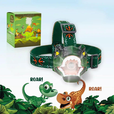 Totally Rad LED Dinosaur Headlamp For Kids With Roar Sound And 3 Lighting Modes T Rex Shape Toy with box and playful dinosaur art.