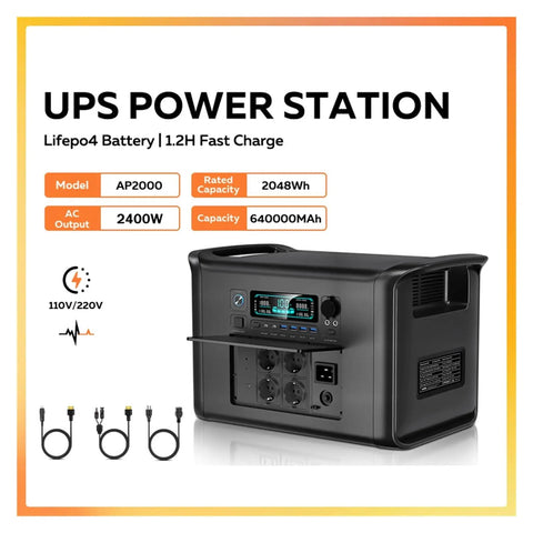 Hella Reliable Portable Solar Power Station 2400W 2048Wh black battery bank with multiple output ports and fast charging features.