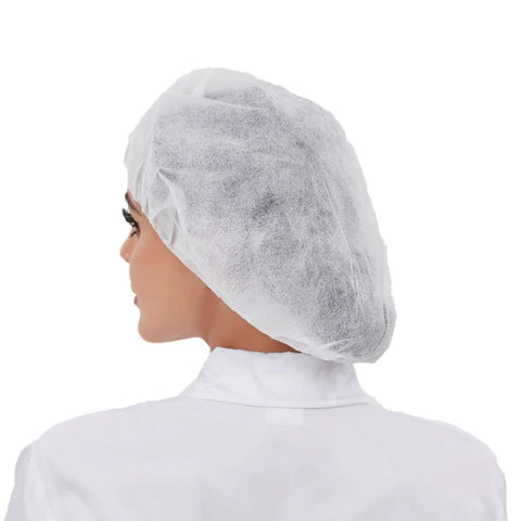 Person wearing Disposable Bouffant Hair Net for Food Service and Beauty, Latex Free, 24 Inch Cap, Breathable Spun Bond Polypropylene