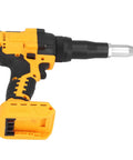 Heavy Duty Cordless Rivet Tool 20V Brushless Motor Slick Automatic Rivet Gun with LED light and battery, angled view.