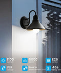 Motion Sensor LED Bulbs Dusk To Dawn 13W 100W Equivalent Auto On Security Lighting For Indoor Outdoor 5000K Cool White, 12Ft 18Ft Range, Stays On 30 Seconds, Two Pack installed in outdoor wall sconce