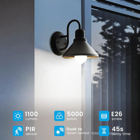 Motion Sensor LED Bulbs Dusk To Dawn 13W 100W Equivalent Auto On Security Lighting For Indoor Outdoor 5000K Cool White, 12Ft 18Ft Range, Stays On 30 Seconds, Two Pack installed in outdoor wall sconce