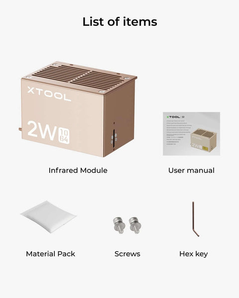 XTOOL infrared laser module in gold metal enclosure; includes user manual, material pack, 2 screws, and hex key.