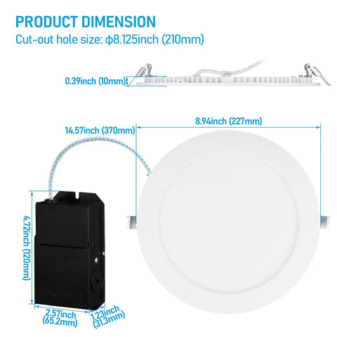 Premium Series 8 Inch Ultra Thin LED Recessed Ceiling Light With J Box Dimmable 18W dimensions diagram showing cut-out size.