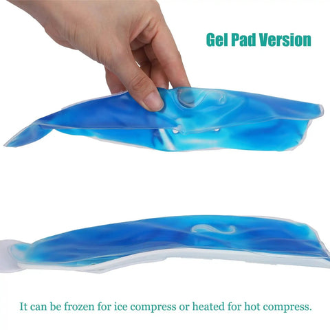 Hand holding a blue gel pad for Stirrup Ankle Brace Stabilizer For Sprains And Tendonitis, Gel Pads For Pain Relief support.
