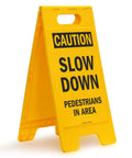Caution Slow Down Pedestrians In Area Folding Floor Sign 25 By 12 Inches Plastic Black On Yellow Big And Bright Double Sided Durable Sign With Easy Carry Handle For Indoor Or Outdoor Use