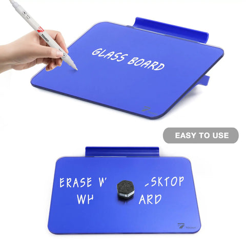 Navy Blue Glass Desktop Whiteboard Mini 8x6 Inch With Pen Holder, Premium Pure Glass Dry Erase Board With Writable Surface