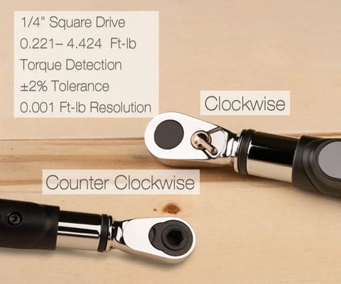 Bit Head Digital Torque Wrench With One Quarter Inch Drive Adapter showing clockwise and counterclockwise directions