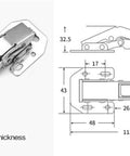 Diagram and image of 4 inch 90 Degree Soft Close Spring Hinges For Cabinets Hidden Concealed Cabinet Hinges with measurements.