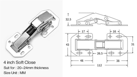Diagram and image of 4 inch 90 Degree Soft Close Spring Hinges For Cabinets Hidden Concealed Cabinet Hinges with measurements.