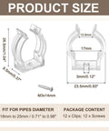 Clear T6 U Clip Light Holder Bracket For LED Tube Fixtures with screws shown in dimensions view, fits T5 18-25mm tubes, pack of 12.