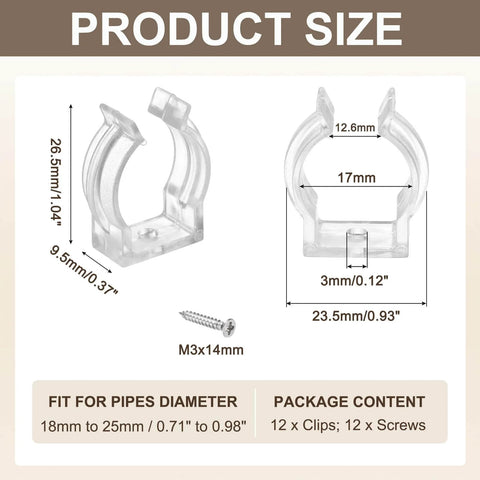 Clear T6 U Clip Light Holder Bracket For LED Tube Fixtures with screws shown in dimensions view, fits T5 18-25mm tubes, pack of 12.