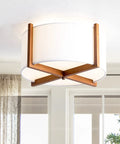 Semi Flush Mount Ceiling Light Fixture With Wood And Off White Fabric Drum Shade Modern Chandelier, 4 Light Cozy Vibe