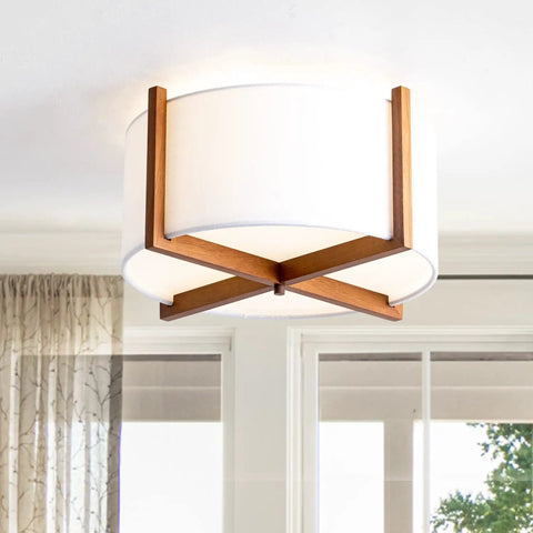 Semi Flush Mount Ceiling Light Fixture With Wood And Off White Fabric Drum Shade Modern Chandelier, 4 Light Cozy Vibe