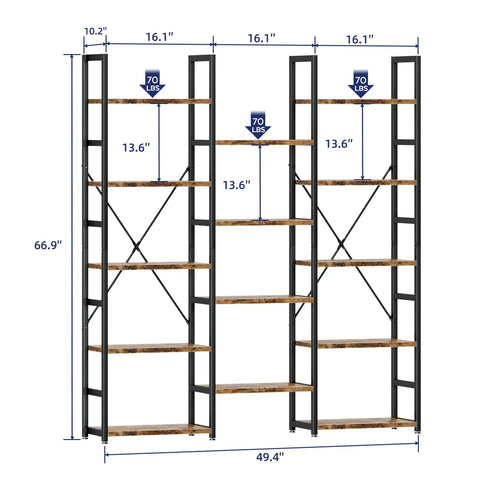 Triple Column Five Tier Bookshelf With Fourteen Open Display Shelves Rustic Industrial Style Modern Bookcase dimensions view