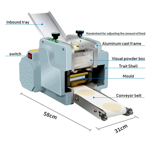 Automatic Dumpling Skin Maker 140W Electric Dough Processor With Slick Waterproof Housing For Zero Mess And Knockout Round Wrappers A Real Game Changer For Any Kitchen Crews interior view displaying components and dimensions