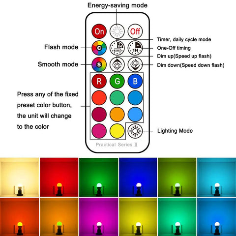 Remote control for RGB Color Changing LED Bulbs With Remote, 40W Equivalent, E26 Base, features 11 colors and 2 modes, pack of 6