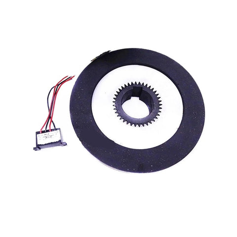 Front view of brake motor power-off brake assembly: large black circular rotor with center gear and wiring module