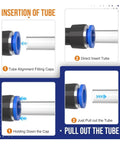 Get A Boss Level 60Pcs Push To Connect Kit With Brass Quick Couplers In 1/4 And 3/8 Inches That Slaps On Air Hoses Instantly For Compressors Without Tools. Tube insertion guide with push-to-connect fitting and pull-out release.