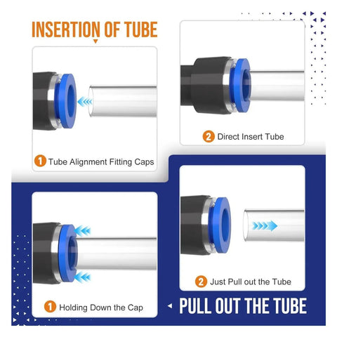 Get A Boss Level 60Pcs Push To Connect Kit With Brass Quick Couplers In 1/4 And 3/8 Inches That Slaps On Air Hoses Instantly For Compressors Without Tools. Tube insertion guide with push-to-connect fitting and pull-out release.