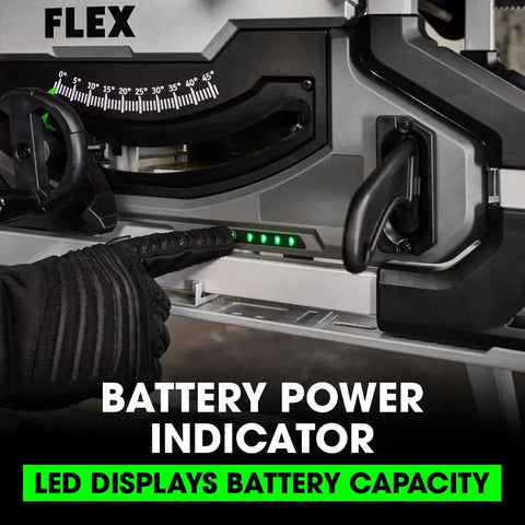 Beast Mode 24V Brushless Cordless Table Saw Kit featuring LED battery power indicator showing capacity for precision cutting.