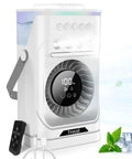 Four In One Portable Misting Fan With Rechargeable 10000mAh Battery, 900ml Water Tank on tabletop with control panel and remote.