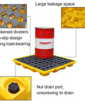 43L Yellow Spill Containment Pallet With Drain for garage and warehouse, HDPE tray holding a red oil drum with removable grid